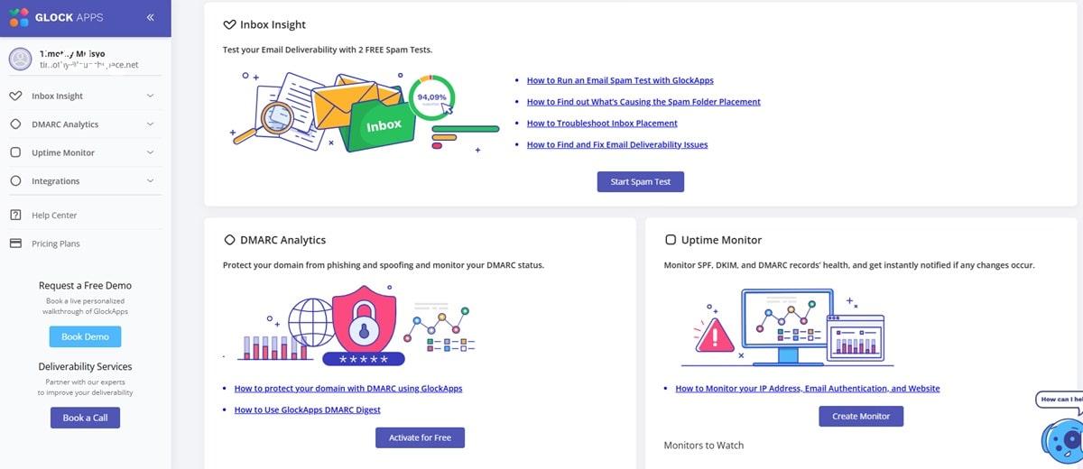 GlockApps email deliverability testing platform interface showing inbox placement monitoring and spam testing features
